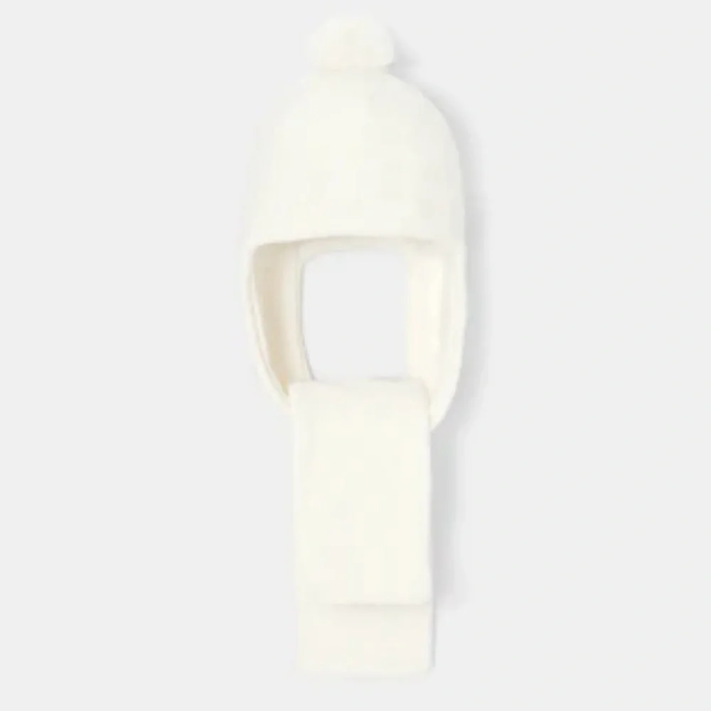 Jacadi Baby Girl Bertille Knit Soft White Scarf Hat with Pom Pom - Size 36M